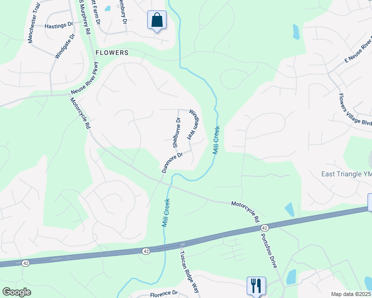 map of restaurants, bars, coffee shops, grocery stores, and more near 217 Dunmore Drive in Clayton
