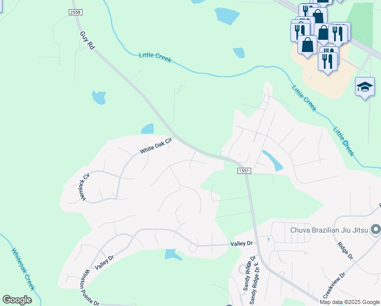 map of restaurants, bars, coffee shops, grocery stores, and more near 32 Lee Forest Court in Clayton