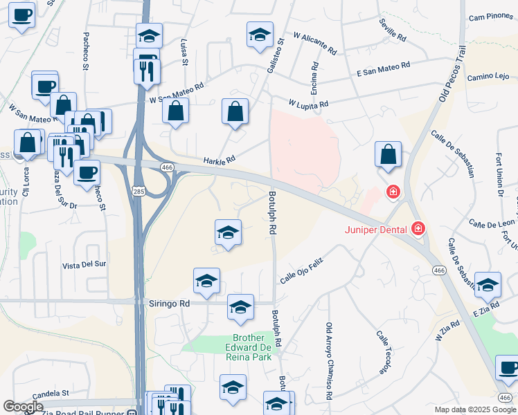 map of restaurants, bars, coffee shops, grocery stores, and more near 404 Brunn School Road in Santa Fe