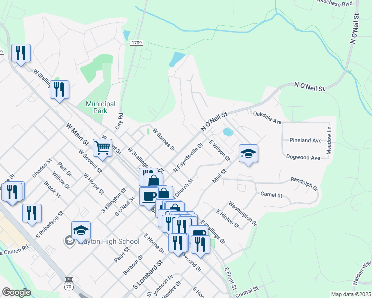 map of restaurants, bars, coffee shops, grocery stores, and more near 538 North Fayetteville Street in Clayton