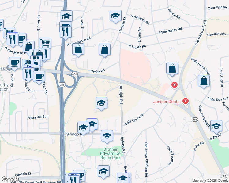 map of restaurants, bars, coffee shops, grocery stores, and more near 404 Brunn School Road in Santa Fe
