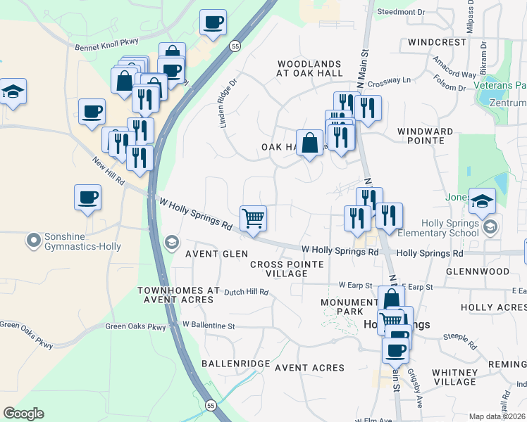 map of restaurants, bars, coffee shops, grocery stores, and more near 312 Stone Hedge Court in Holly Springs