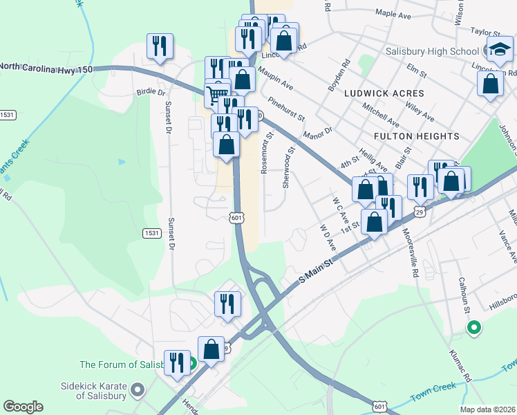 map of restaurants, bars, coffee shops, grocery stores, and more near 2002 Rosemont Street in Salisbury