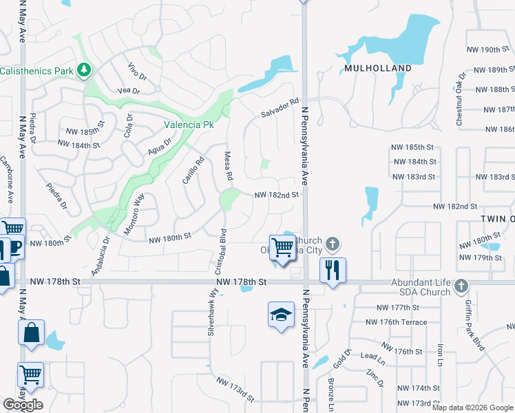 map of restaurants, bars, coffee shops, grocery stores, and more near 18208 Calder Road in Edmond