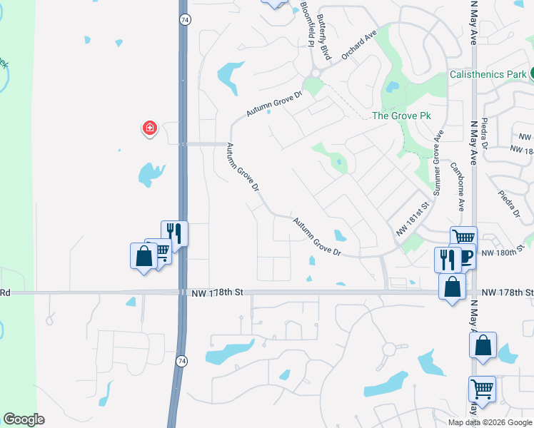 map of restaurants, bars, coffee shops, grocery stores, and more near 18313 Autumn Grove Drive in Edmond