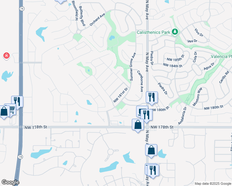 map of restaurants, bars, coffee shops, grocery stores, and more near 3040 Northwest 182nd Terrace in Edmond