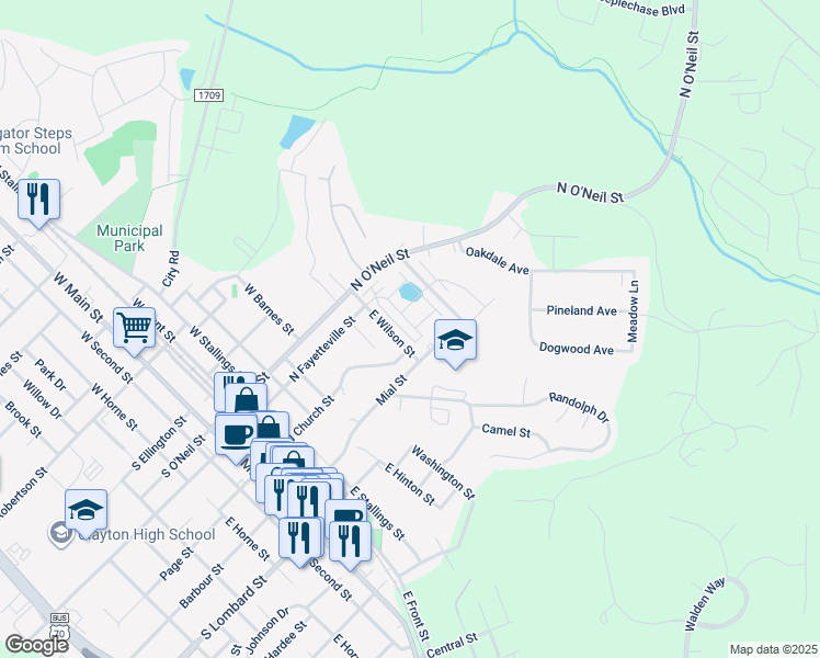 map of restaurants, bars, coffee shops, grocery stores, and more near 122 Shakespeare Dr in Clayton