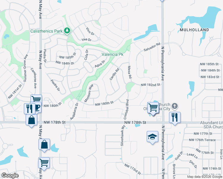 map of restaurants, bars, coffee shops, grocery stores, and more near 18209 Carillo Road in Edmond