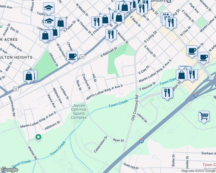 map of restaurants, bars, coffee shops, grocery stores, and more near 37 Knox Street in Salisbury