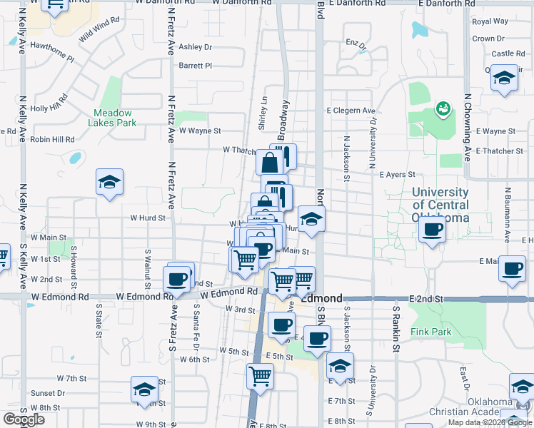 map of restaurants, bars, coffee shops, grocery stores, and more near 21 West Hurd Street in Edmond