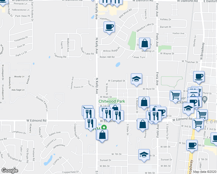 map of restaurants, bars, coffee shops, grocery stores, and more near 737 West Hurd Street in Edmond