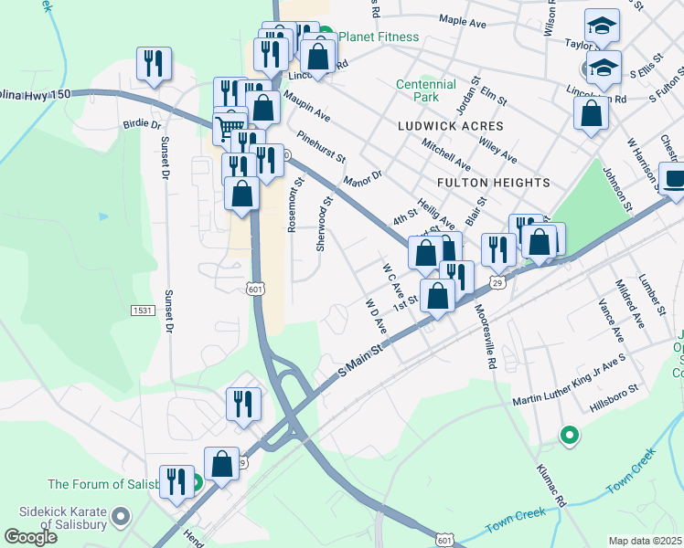 map of restaurants, bars, coffee shops, grocery stores, and more near 401 West D Avenue in Salisbury