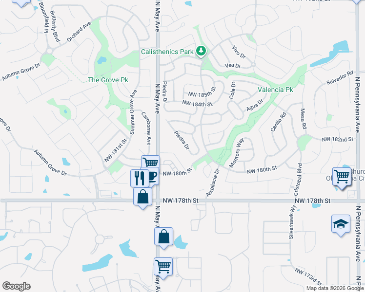 map of restaurants, bars, coffee shops, grocery stores, and more near 18121 Piedra Drive in Edmond