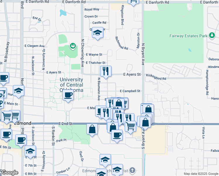 map of restaurants, bars, coffee shops, grocery stores, and more near 122 North Blackwelder Avenue in Edmond