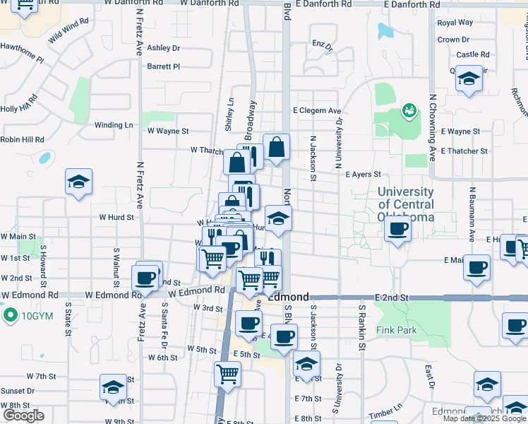 map of restaurants, bars, coffee shops, grocery stores, and more near 101 East Hurd Street in Edmond