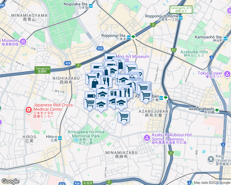 map of restaurants, bars, coffee shops, grocery stores, and more near in Minato City