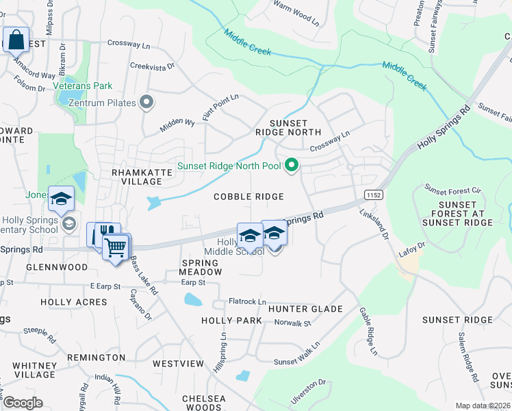 map of restaurants, bars, coffee shops, grocery stores, and more near 109 Cobblepoint Way in Holly Springs