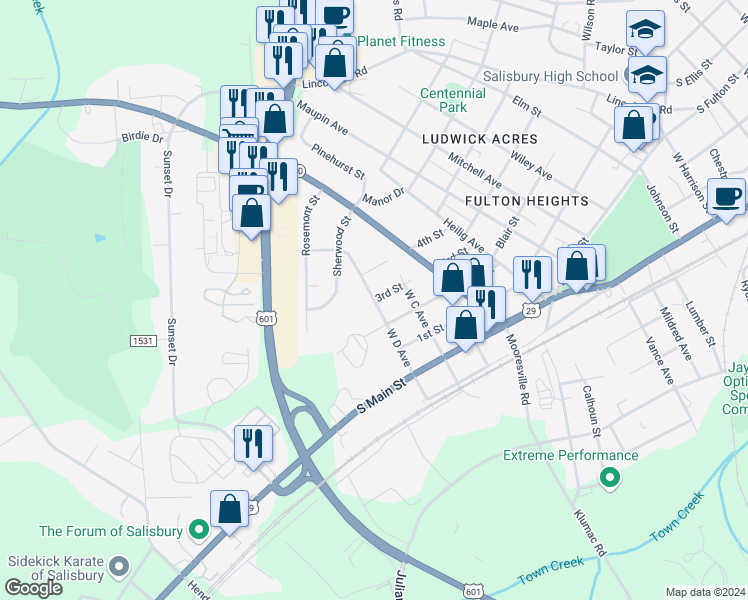 map of restaurants, bars, coffee shops, grocery stores, and more near 1898 3rd Street in Salisbury