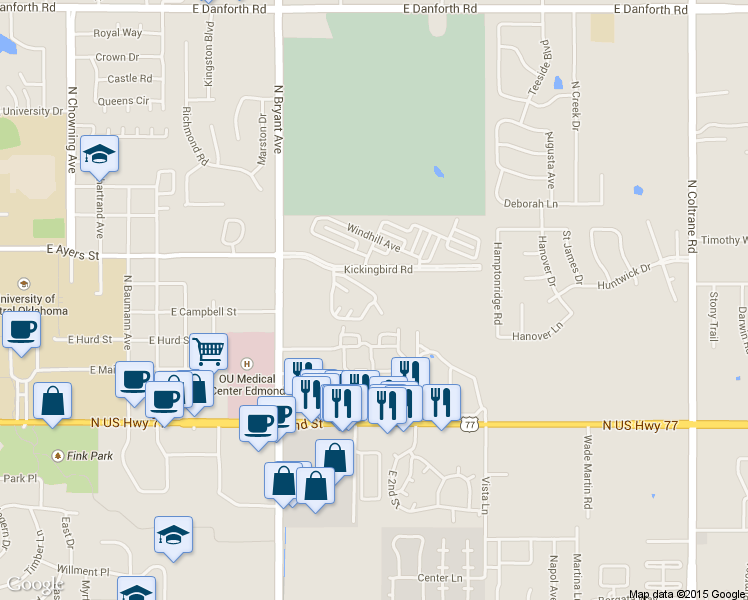 map of restaurants, bars, coffee shops, grocery stores, and more near 1900 Kickingbird Road in Edmond