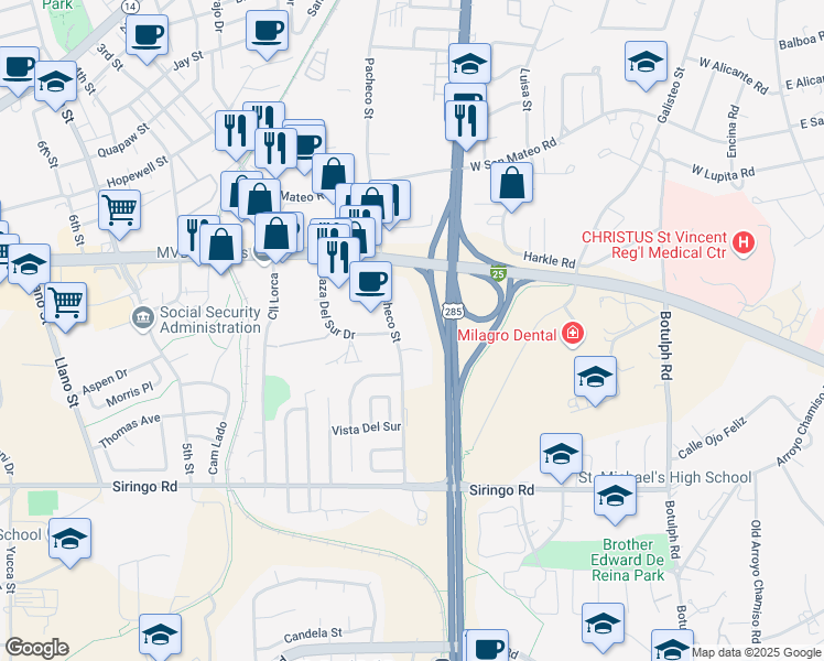 map of restaurants, bars, coffee shops, grocery stores, and more near 2041 South Pacheco Street in Santa Fe