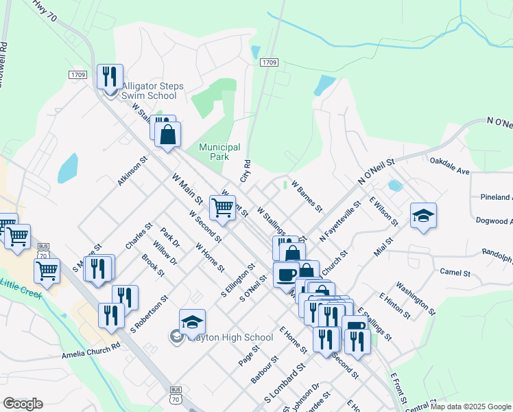 map of restaurants, bars, coffee shops, grocery stores, and more near 408 West Stallings Street in Clayton