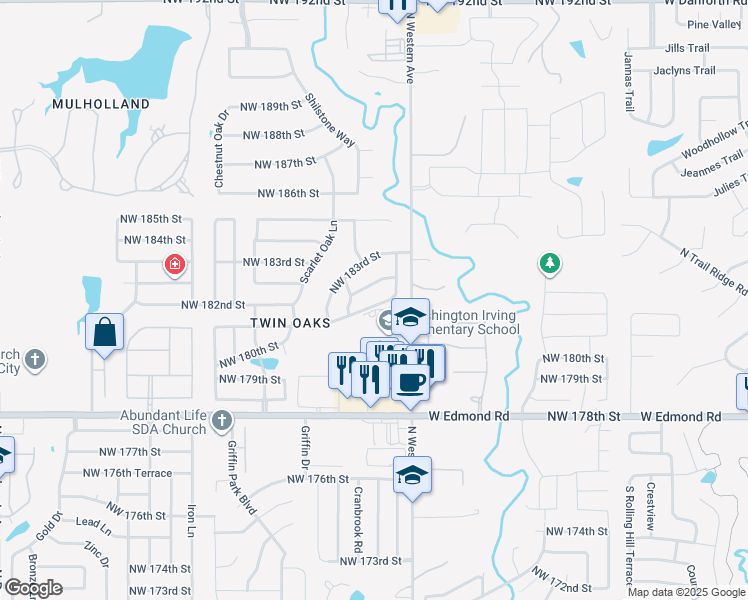map of restaurants, bars, coffee shops, grocery stores, and more near 18101 North Western Avenue in Edmond