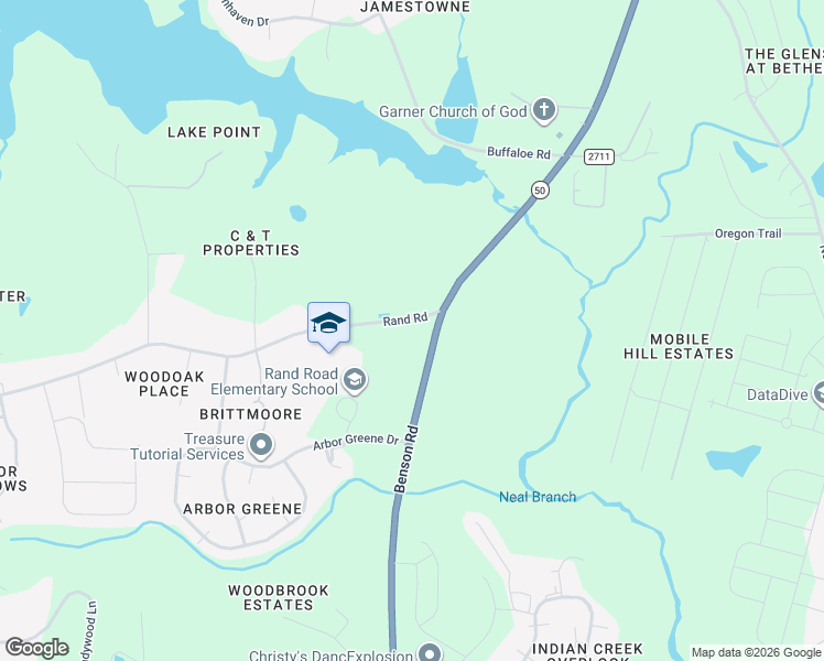 map of restaurants, bars, coffee shops, grocery stores, and more near 2633 Benson Road in Garner