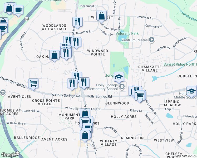 map of restaurants, bars, coffee shops, grocery stores, and more near 133 Holly Springs Road in Holly Springs