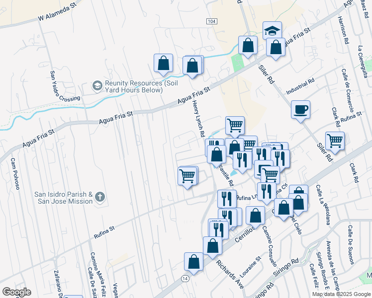 map of restaurants, bars, coffee shops, grocery stores, and more near 3138 La Paz Lane in Santa Fe