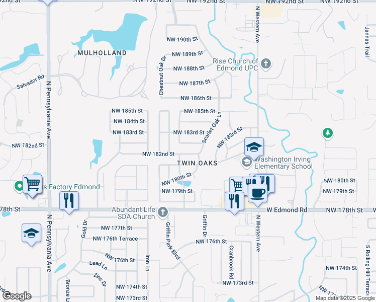 map of restaurants, bars, coffee shops, grocery stores, and more near 1417 Northwest 182nd Street in Edmond