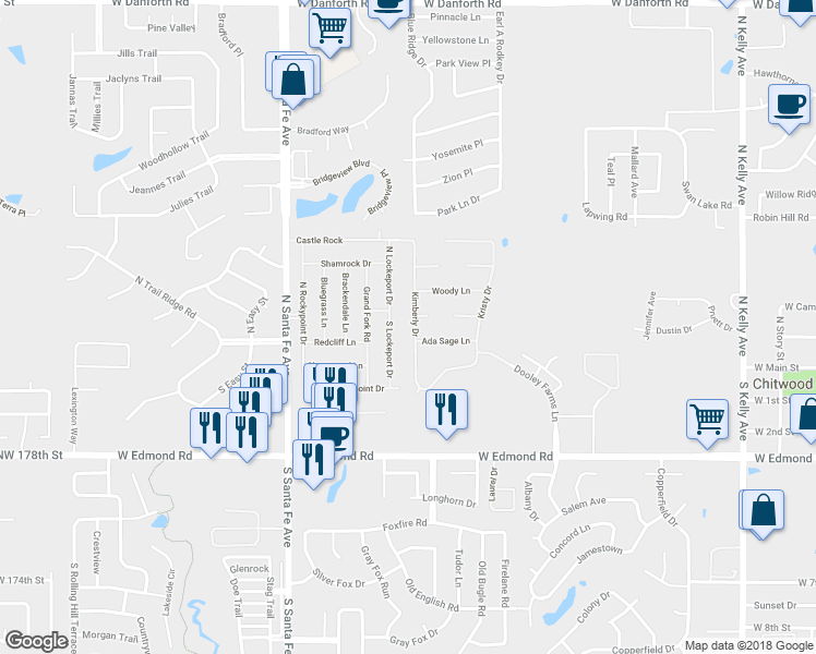 map of restaurants, bars, coffee shops, grocery stores, and more near 201 Kimberly Drive in Edmond