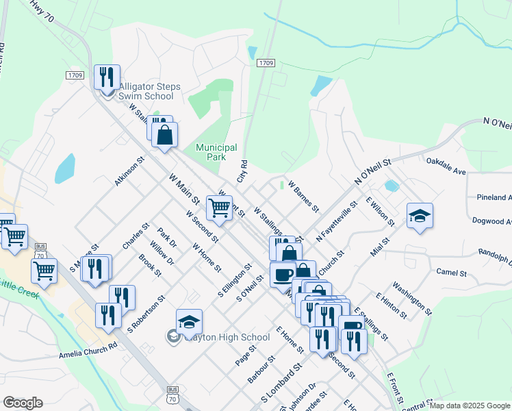 map of restaurants, bars, coffee shops, grocery stores, and more near 408 West Stallings Street in Clayton