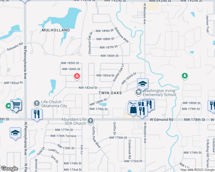 map of restaurants, bars, coffee shops, grocery stores, and more near 1412 Northwest 182nd Street in Edmond