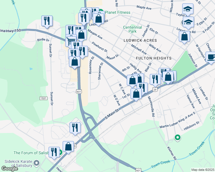 map of restaurants, bars, coffee shops, grocery stores, and more near 401 West D Avenue in Salisbury