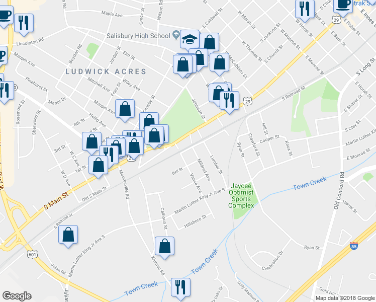map of restaurants, bars, coffee shops, grocery stores, and more near 1207 South Railroad Street in Salisbury
