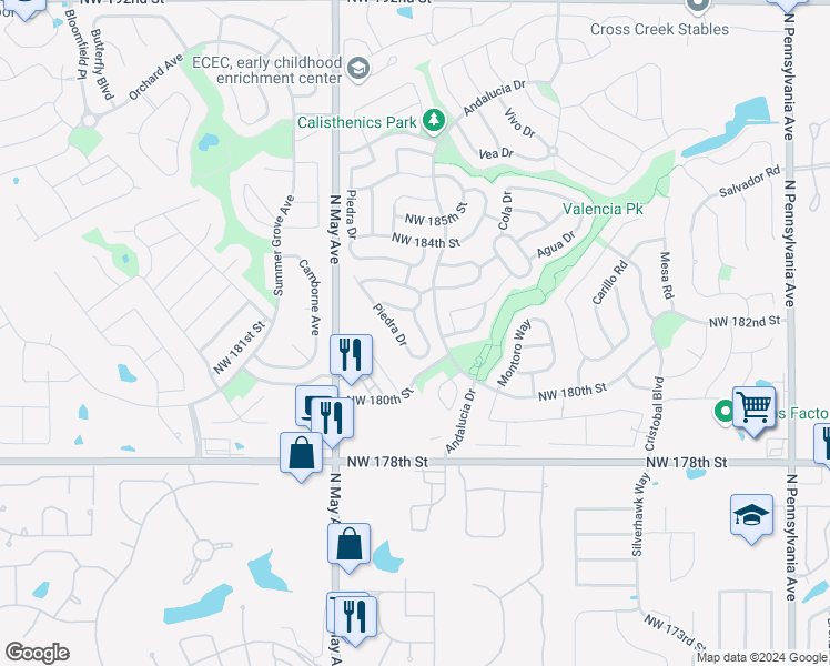 map of restaurants, bars, coffee shops, grocery stores, and more near 18113 Viento Drive in Edmond