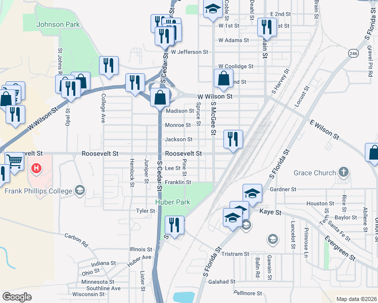 map of restaurants, bars, coffee shops, grocery stores, and more near 1000-1010 Pine Street in Borger