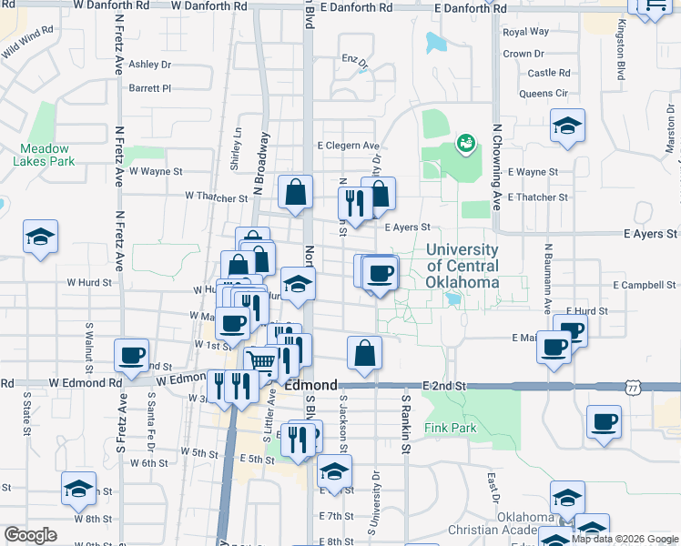 map of restaurants, bars, coffee shops, grocery stores, and more near 312 East Campbell Street in Edmond