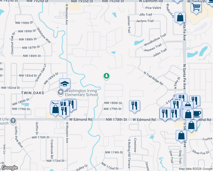 map of restaurants, bars, coffee shops, grocery stores, and more near 625 Northwest 182nd Street in Edmond