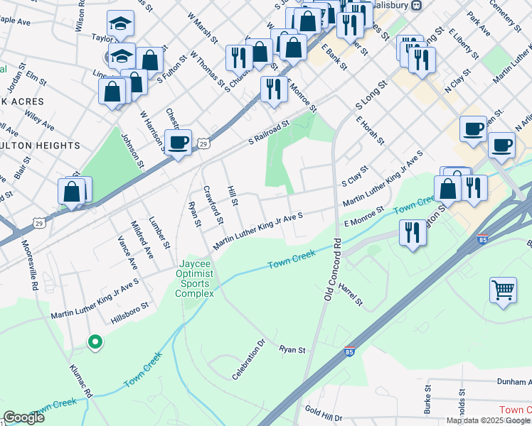 map of restaurants, bars, coffee shops, grocery stores, and more near 35 Knox Street in Salisbury