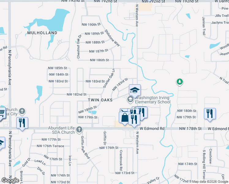 map of restaurants, bars, coffee shops, grocery stores, and more near 1301 Northwest 181st Street in Edmond