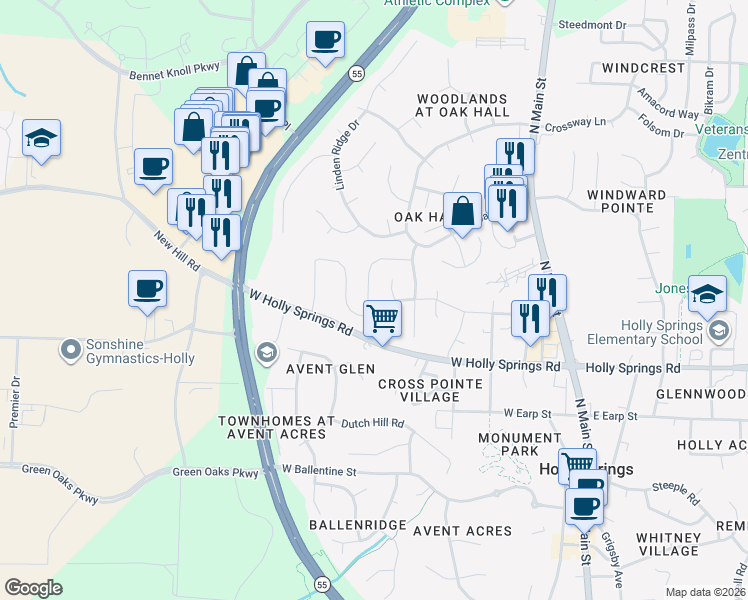 map of restaurants, bars, coffee shops, grocery stores, and more near 147 Gremar Drive in Holly Springs