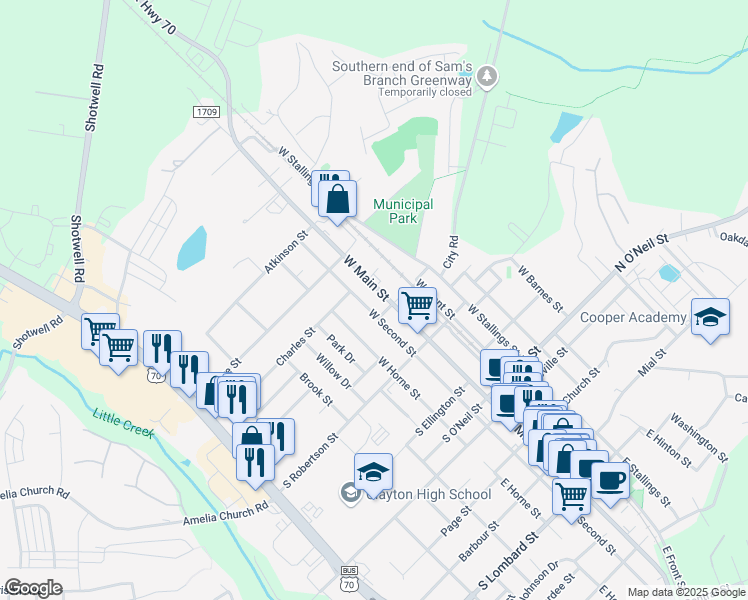 map of restaurants, bars, coffee shops, grocery stores, and more near 501 West 2nd Street in Clayton