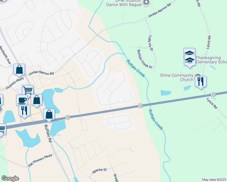 map of restaurants, bars, coffee shops, grocery stores, and more near Mallard Loop Drive in Johnston County