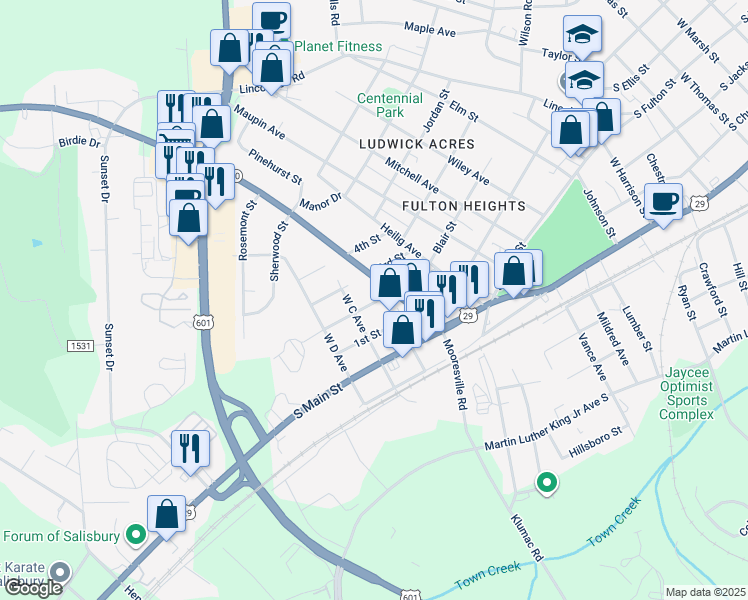map of restaurants, bars, coffee shops, grocery stores, and more near 1 Lane Parkway in Salisbury