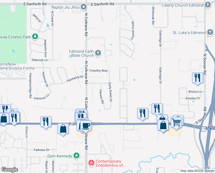 map of restaurants, bars, coffee shops, grocery stores, and more near 104 Darwin Road in Edmond