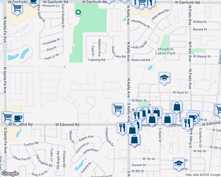 map of restaurants, bars, coffee shops, grocery stores, and more near 1026 Dustin Drive in Edmond