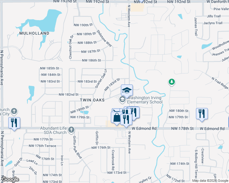 map of restaurants, bars, coffee shops, grocery stores, and more near 1301 Northwest 181st Street in Edmond
