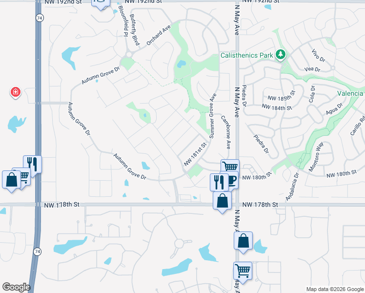 map of restaurants, bars, coffee shops, grocery stores, and more near 3052 Northwest 182nd Terrace in Edmond