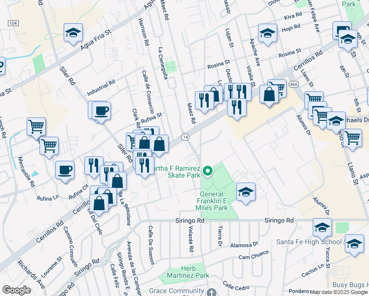 map of restaurants, bars, coffee shops, grocery stores, and more near 2800 Cerrillos Road in Santa Fe
